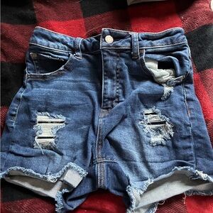 High-Rise Distressed Denim Shorts - Blue